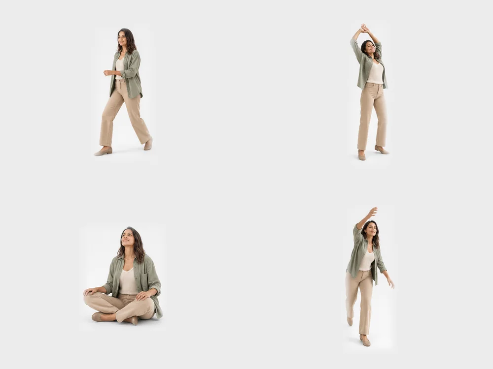 The same woman in a sage overshirt photographed in four different poses — striding, stretching both arms overhead, sitting cross-legged, and reaching upward